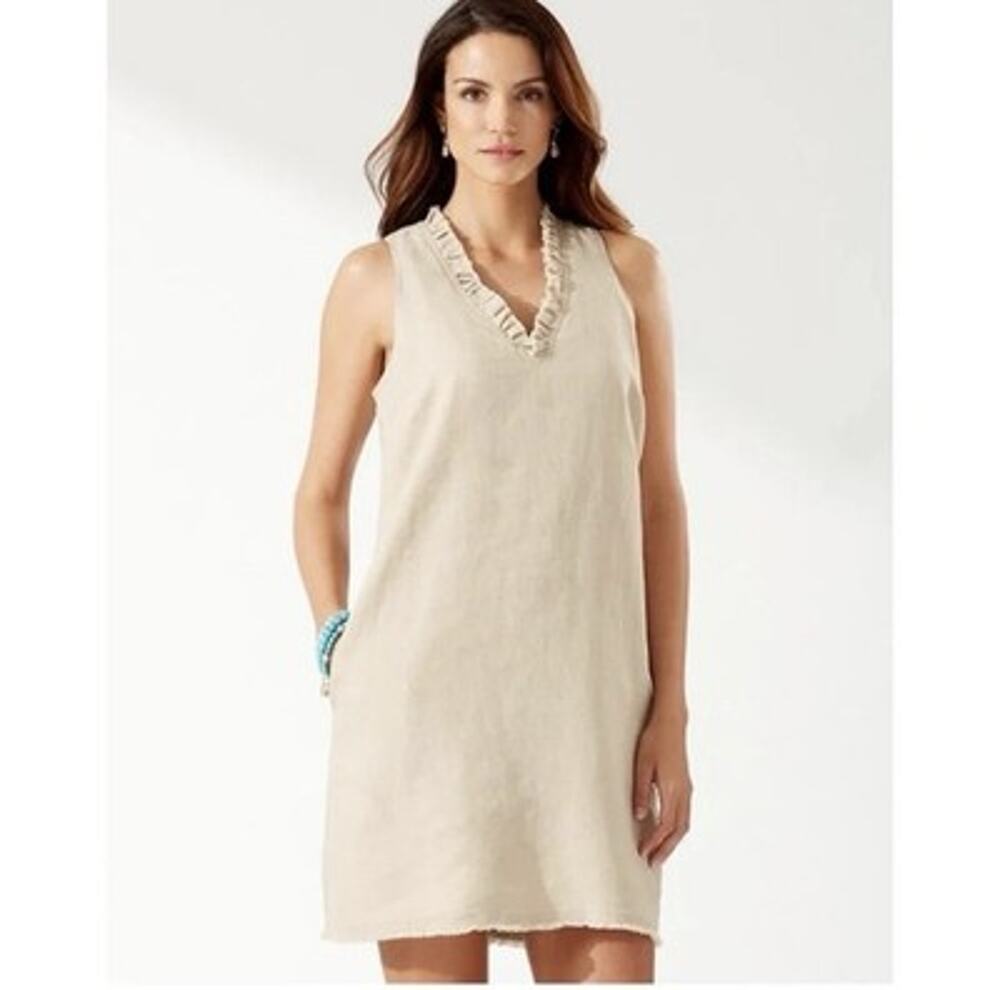 Tommy Bahama Two Palms Ruffle Linen Dress Women’s XXS Beige Natural Resort Boho